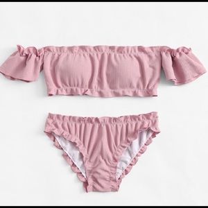 Off the Shoulder Ribbed Pink Bikini Size Small